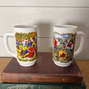 VINTAGE Milk Glass Beer Mugs White with Medieval Folk Scene (Set of 2)